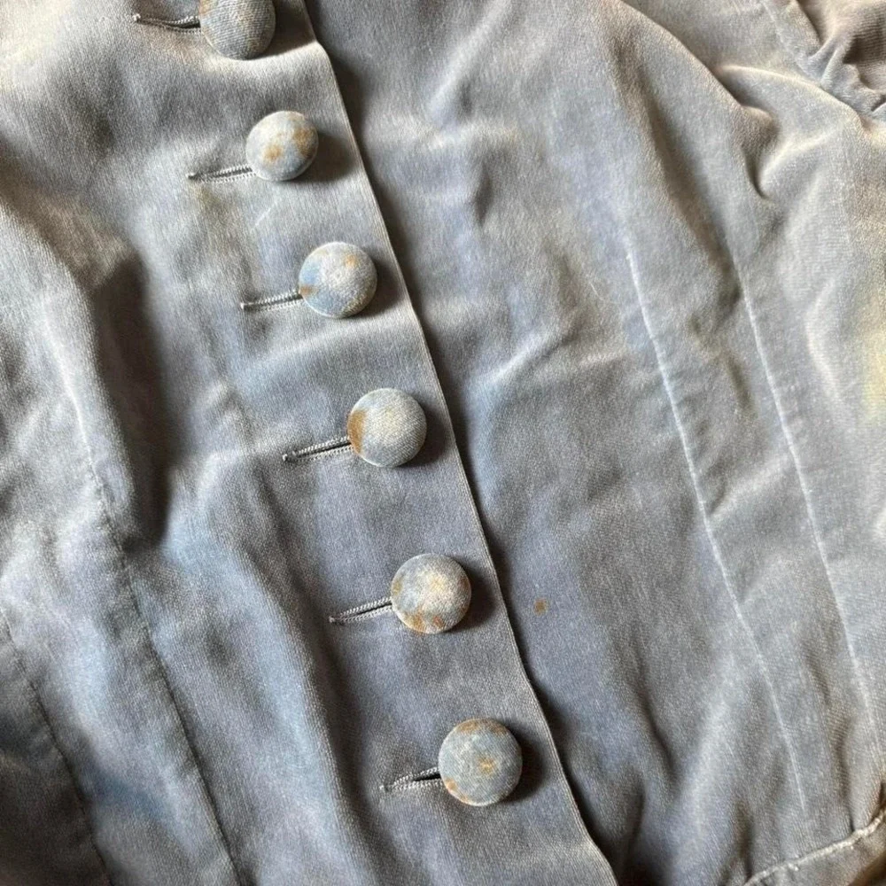 Antique Velvet Blouse XS - AS IS sunfaded covered buttons embroidery blue square - Picture 7 of 8